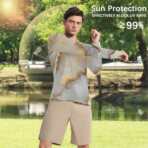 Marble White Neutral UPF 50+ Long Sleeve Sun Shirt Loose Crew Neck Elasticity Mens Sun Shirts Protection Long Sleeve Beach4