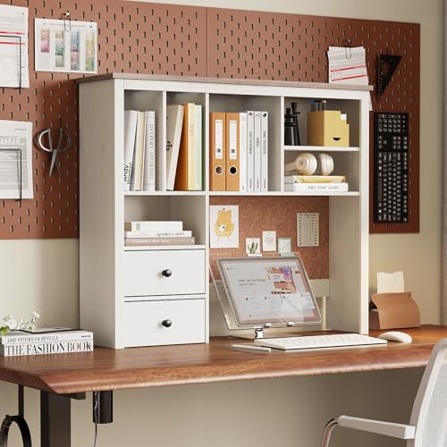 Treocho Desktop Hutch Bookshelf with Cork Board for Photos and Reminders, White Desk Organizer with Drawers and Shelves, Study Desk Hutch for College Dorm, Student Bedroom, Compact Study Spaces