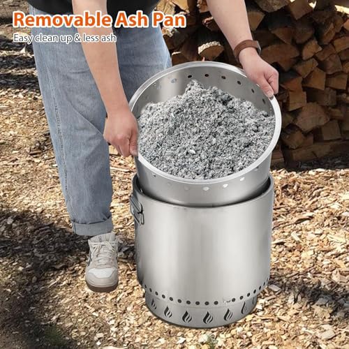 Portable Smokeless Fire Pit with Double Wall Design, Efficient Burn, Removable Ash Pan & Poker - Lightweight Stainless Steel Outdoor Firepit for Camping, Barbecuing, and Roasting Marshmallows