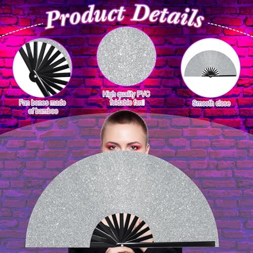 Image of Vercraft 13'' Large Rave Fan for Women Rave Accessories Festival Outfits Glitter Hand Folding Clack Fan for Line Dancing EDM Music Festival Outfits(Silver)