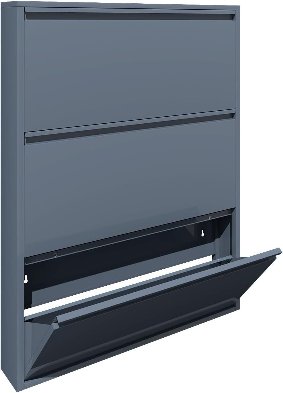 LUCYPAL Shoe Storage Cabinet with 3 Flip Drawers,Freestanding Organizer Metal Wall Shoe Cabinet for Entryway, Narrow Shoe Rack Cabinet for Living Room,Blue