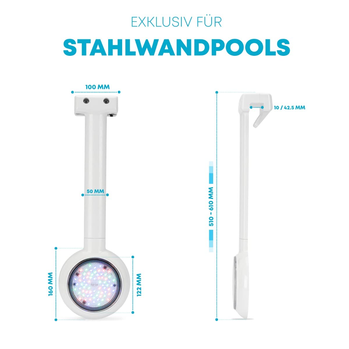 BWT LED Einhänge Scheinwerfer 16 Watt / 12 Volt / 710 Lumen/weißes Licht | 7 m Kabel | steckerfertig montiert | Pool Schwimmbad Beleuchtung | Stahlwandpools