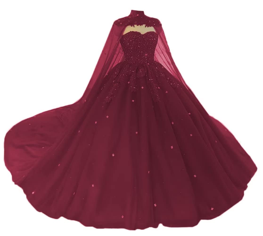 Women's Puffy Tulle Quinceanera Dresses with Cape Lace Sequins Prom Dresses Sweetheart Beaded Ball Gown for Sweet 15 16