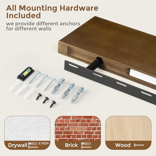 Image of Marsmiles Wood Floating Shelves | Rustic Dark Wood Wall Shelves Set of 2 | 16 inch W x 7.7 inch D x 1.6 inch H Dark Wooden Shelves for Bathroom Living Room Kitchen