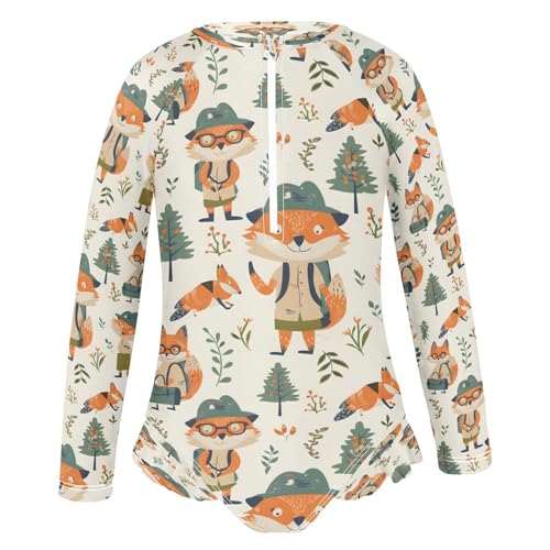 Explorer Cute Fox Girls Long Sleeve Swimsuits One Piece Zipper Bathing Suit UPF 50+ Rashguard Swimwear2