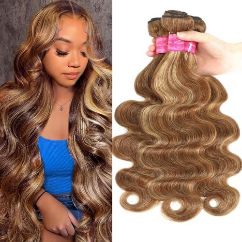 Ombre Highlight Body Wave Bundles Human Hair Honey Blonde 3 Bundles Human Hair 18 20 22 Inch Soft and Healthy 100% Unprocessed Brazilian Virgin Remy Hair Double Weft for Black Women p4-27