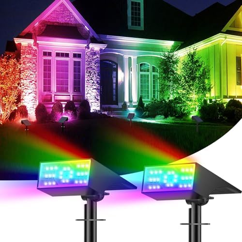 Solar Color Changing RGB Spot Lights Outdoor, 2 Pack/7 Lighting Modes Multicolor Outdoor Lights for Yard Waterproof IP68, Halloween Christmas Solar Landscape Powered Lights Garden Pathway