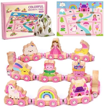 Einhorn Geschenke für Mädchen 1 2 3 4 Jahre: Magnetic Zug Holzspielzeug Prinzessin, Montessori Lernspielzeug mit Märchenschloss Spielmatte, Geburtstagsgeschenk für Kleinkindmädchen
