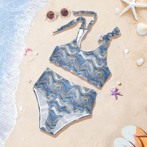 Watercolor Blue Gold Wave Girls Two Piece Tankini Swimsuits Summer Bathing Suit Beach Swimwear Set2
