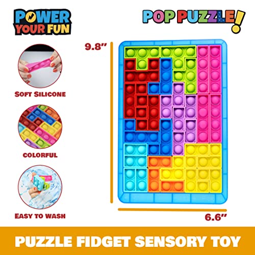 Power Your Fun Pop Puzzle Popper Fidget Game - 27pc Jigsaw Puzzle Game Pop Push It Bubble Sensory Fidget Toys for Learning, Stress Relief Silicone Pop Puzzle Game Board for Kids and Adults (Blue)