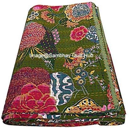Queen/Twin/King Handmade Green Fruit Reversible Kantha Quilt Bohemian Bedding Kantha Throw Kantha Blanket Tropicana Fruit King Kantha Bed Cover Stitch Floral Quilt (60X90 inch)