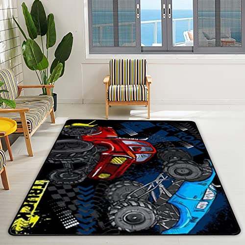 Kuizee Area Rug Blue Monster Truck Boy Rectangle Oversize Doormat Coral Fleece Living Room Parlour Bedroom Home Fashion Decor Carpet,5'X3'3" #TOP1