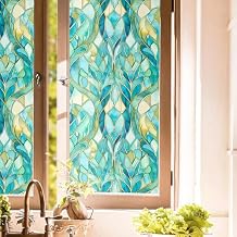 Vintage Light Green Yellow Damask Leaf Stained Glass Window Films Decorative Double-Side Privacy Film Self-Adhesive Static Clings for Living Room Bathroom Glass Windows Decor
