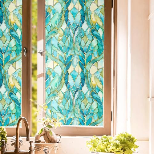 16“x118 Blue Stained Glass Double Side Window Films Art Decorative Window Privacy Tinting Film Self-Adhesive Static Glass Window Clings Stickers for Living Room Bathroom Glass Windows Decor