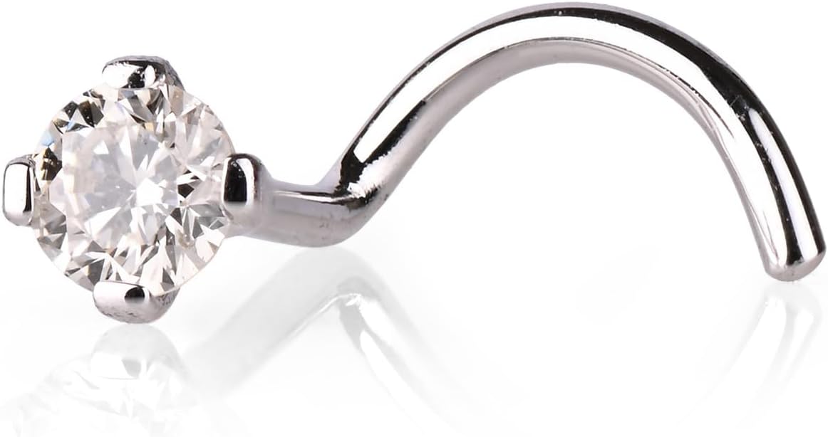 Diamond Nose Stud 14K White Gold Nose Ring Twist Screw 21 Gauge HI Color 0.02 to 1/6 ct