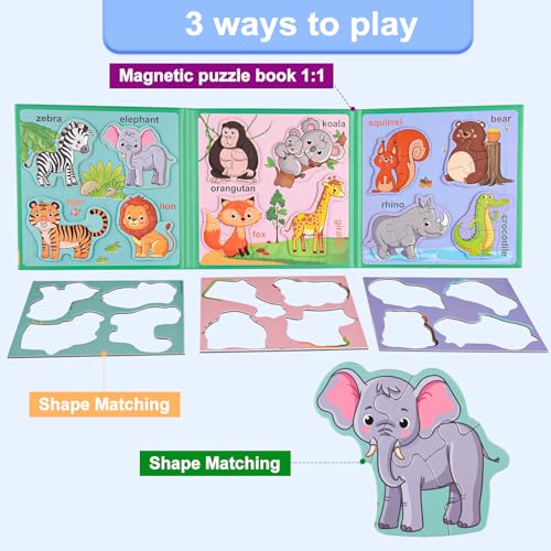 Image of ASTARON 3D Magnetic Animal Puzzle with 60 Puffy Stickers for Toddlers, 41 Pieces Puzzles Preschool Education Learning Travel Toys Car Plane Activities for Kids Road Trip Birthday Gifts | Folding puzzle, includes 3 bubble stickers, puzzle pieces with words, learn while playing, easy to store, educational toy