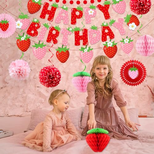 Image of Strawberry Birthday Decorations for Girls, Red Pink White Strawberry Birthday Banner with Tissue Pom Poms Fans Honeycomb Balls Polka Dot Garland and Hanging Swirls Berry Hanging Decor Centerpieces