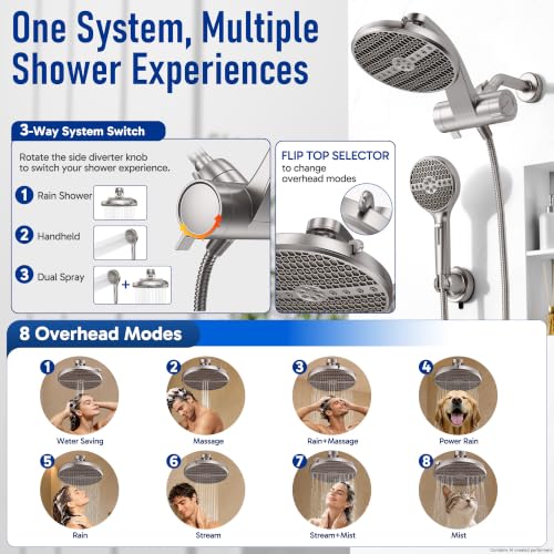 Image of Veken Nickel Filtered Shower Head with Handheld, Multi-pattern Shower Heads | 8-mode Rain Showerhead with Filter,9-mode Hand Held Shower Filter Head, High Pressure Jet Spray, No-drill Holder