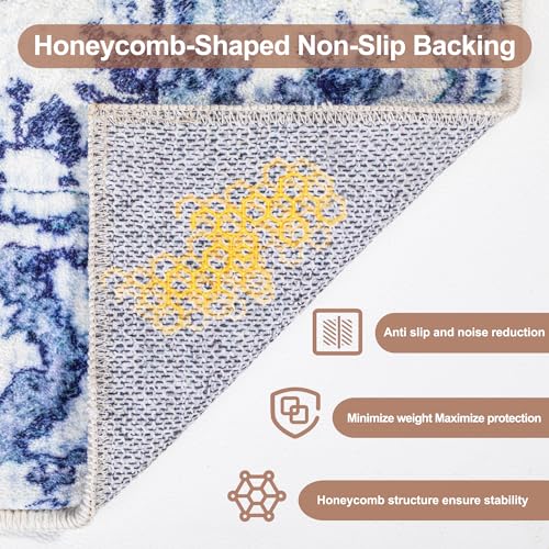 Image of Sofrug Vintage Floral Area Rug 5'x7' Honeycomb Non-Slip Backing - Blue Thicker Faux Wool Rug - Foldable & Machine Washable Rug for Living Room Bedroom Dining Room Home Office Decor