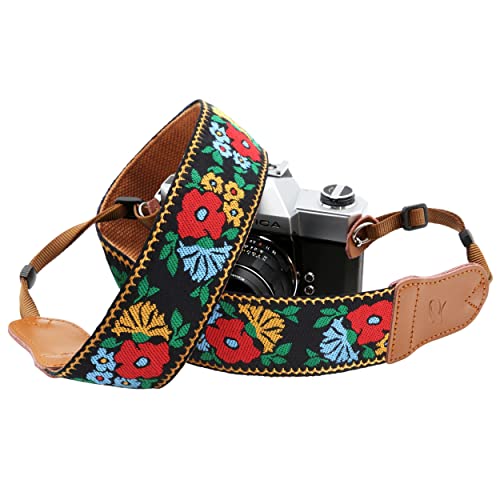 Image of Padwa Lifestyle Camera Strap - Double Layer Cowhide Ends,2 inch Cotton Embroidered Vintage Camera Straps, Adjustable Neck & Shoulder Strap for All DSLR Cameras,Great Gift for Photographers -Spring Flowers