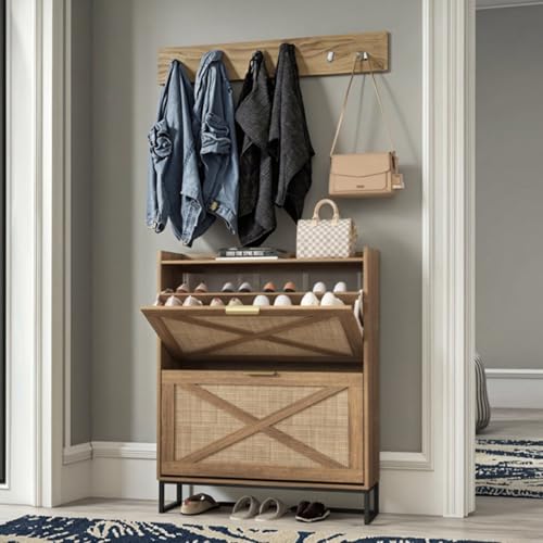 Image of The Artment your artistic apartment Raya Shoe Cabinet Modern Rattan & Wood Storage Organizer | Dual Flip-Drawers, Metal Base, Slim Entryway Shoe Rack for Hallway, Bedroom | 8-14 Pairs