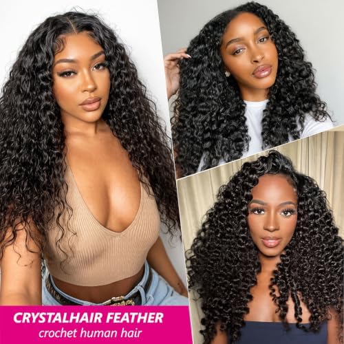 Burmese Curly Miracle Knots Crochet Human Hair for Women, 16 Inch 60g Pre-Separated Miracle Knots Crochet Hair Bundles Jerry Curly Feather Knotless Invisible Boho Crochet Human Hair Extensions, Black — view 6