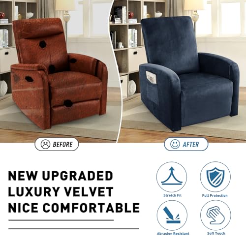 Image of ZNSAYOTX 2026 Velvet Small Recliner Cover 3-Piece, Luxury Plush Recliner Chair Covers with Elastic Band & Ties Stay in Place, Stretch Reclining Slipcover for Lazy Boy Soft Washable (Navy Blue)
