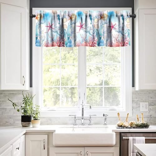 Image of Starfish Seashell Window Valance Curtain, Watercolor Coastal Animal Undersea Beach Colorful Coral Plant Window Treatment Valances for Kitchen Living Room Cafe Decor 54'x18', 1 Panel