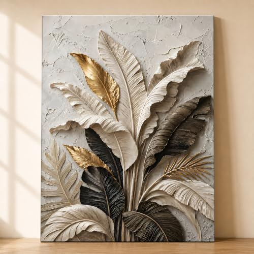 Image of PAINTINGMANTRA Textured Embossed Leaf Floral Canvas Wall Art Painting for wall decoration, Neutral & Gold Tropical Leaf Motifs Flower Stretched Canvas Painting for living room, bedroom, Office, 22x34 Inch