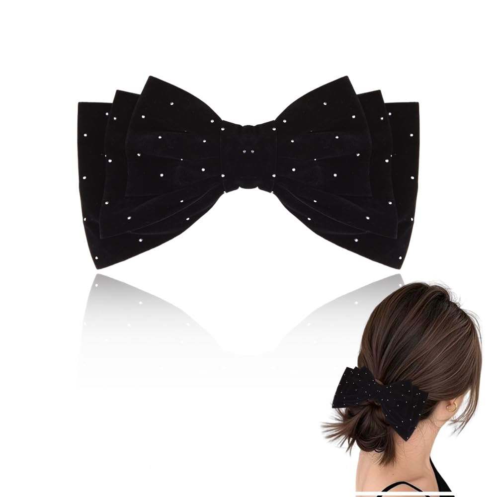 Oversized Velvet Hair Bow Barrettes Black Dotted Rhinestone Bow-Knot Hair Clips Ponytail Holders Cute Decorative 3 Layer Large Thick Bows Christmas Party Prom Headpiece Accessories for Women Girls