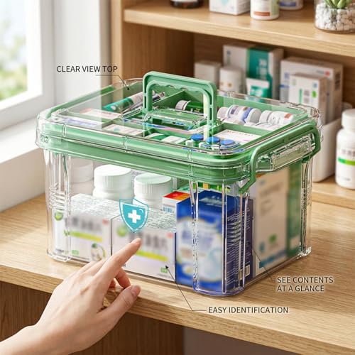 Boîte à médicaments transparente verte à double couche pour rangement maison