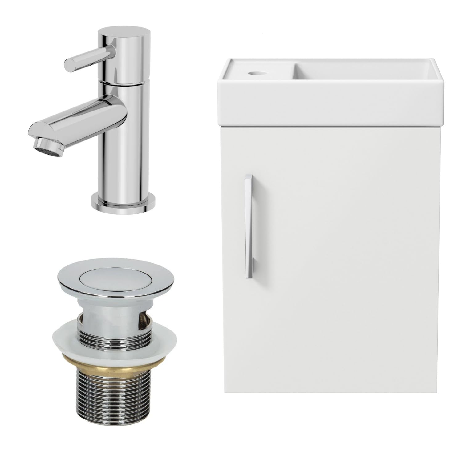 BAYSTONE 400mm Bathroom Vanity Unit Ceramic Wash Sink Wall Hung Storage Cabinet Reversible Soft Close Cupboard & Essentials Basin Mixer Tap & Waste Set, White Gloss