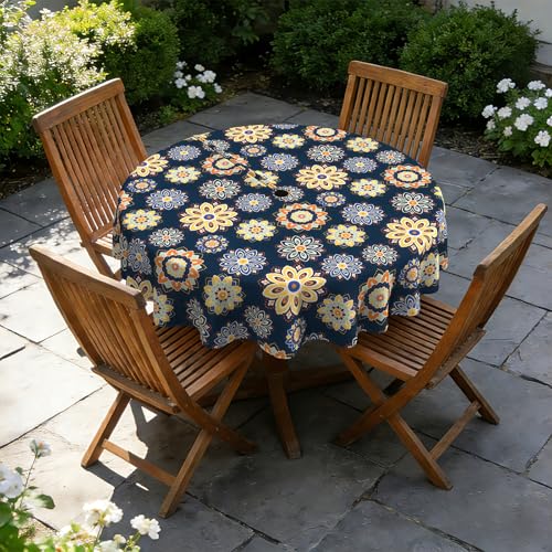 TWLEAR Outdoor Tablecloth with Umbrella Hole and Zipper,Outdoor Round Table Covers for Backyard Garden,Water Repellent and Fade Resistant Table Cloth,60Inch,Bloom Medallion Cobalt by TWLEAR - Used condition - Image 8