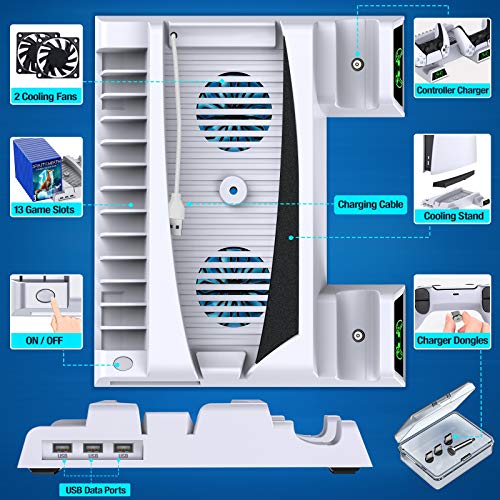 BEBONCOOL PS5 Stand with Cooling Fan, PS5 Cooling Station with Dual Controller Charger Station for Playstation 5 Console, PS5 Cooling Stand with 13 Game Slots for Playstation 5 PS5 Accessories White