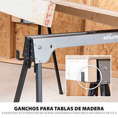 Miniatura 6 de Evolution Power Tools Caballos De Sierra Par, Banco De Trabajo, Plegables, Compactos, Soporta Hasta 500 Kg - Ligero Y Portátil, Incluye 4 Ganchos De Acero Fundido - Paquete Doble
