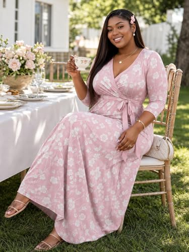 Image of PinkPatty Plus Size Maxi Dresses for Women Casual Flowy Long Dress 3 /4 Sleeve V Neck Wrap Dress with Belt