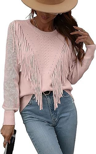 Image of Women's Casual Crewneck Fringe Tassels Crochet Long Sleeve Knitted Fall Sweater Pullover Tops