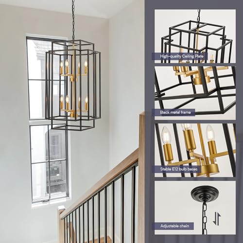 Salaiwei 8-Light Lantern Tiered Pendant Light Fixtures, Black Metal Farmhouse Chandelier Hall Foyer Hanging Chandelier for Kitchen Island Dining Room Living Room Foyer Entryway, Black+Gold by Salaiwei - Used condition - Image 9