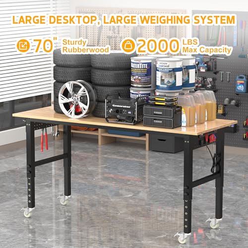 BETISEF 70’’ Work Bench Adjustable Workbench Heavy Duty Work Table with Power outlets, Pegboard, Wheels and Foot Pads, 2000 Lbs Capacity Hardwood Work Benches for Garage, Workshop, Office, Home - Thumbnail 4