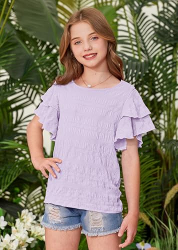 Image of Girls Summer Crewneck Tee Shirts Double Ruffle Short Sleeve Stretch Textured Fabric Casual Blouse 5-14 Years