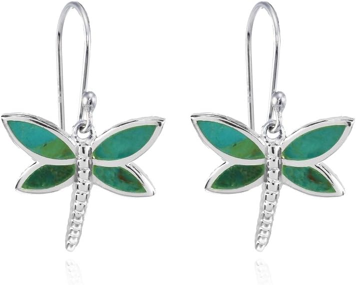 Sterling Silver Abalone or Simulated Turquoise Polished Dragonfly Dangle Earrings