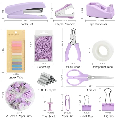 leepiya Office Supplies kit 14 Set Office Desk Accessories with Stapler Scissor Staple Remover Hole Punch Tape Dispenser Index tabs binderclips and thumbtacks Paper Clips 1000 pcs Staples