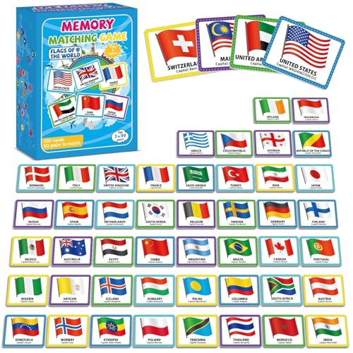 gisgfim 100 PCS Memory Matching Game Flags of The World Concentration Memory Card for Kids and Adults Learning Educational A Fun & Fast Countries of The World Matching Games