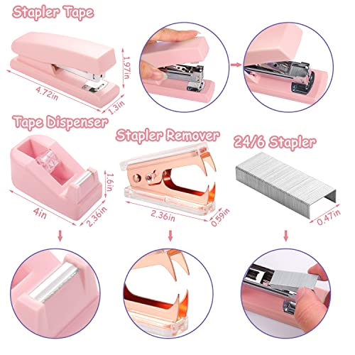Pink Desk Accessories Kit, Pink Office Supplies Pink Stapler And Tape Dispenser Set With Staple Remover 1000 Staples Hole Puncher Paper Clips Scissor Tape For Office #TOP1
