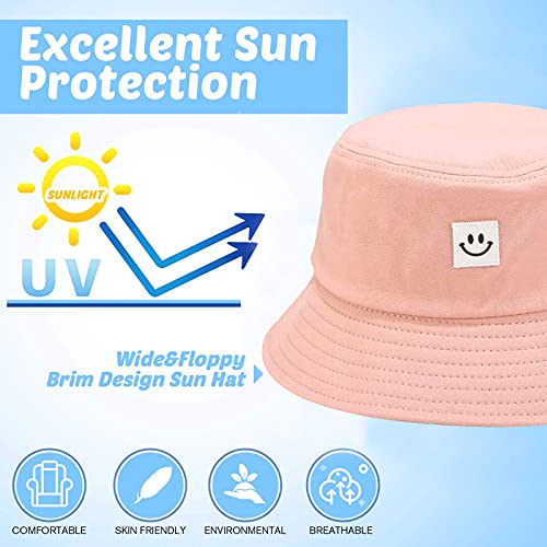 Kids Sun Hat Smile Face Bucket Hat For Girls Boys Summer Sun Protection Cotton Unisex Beach Cap(Pink) #TOP3