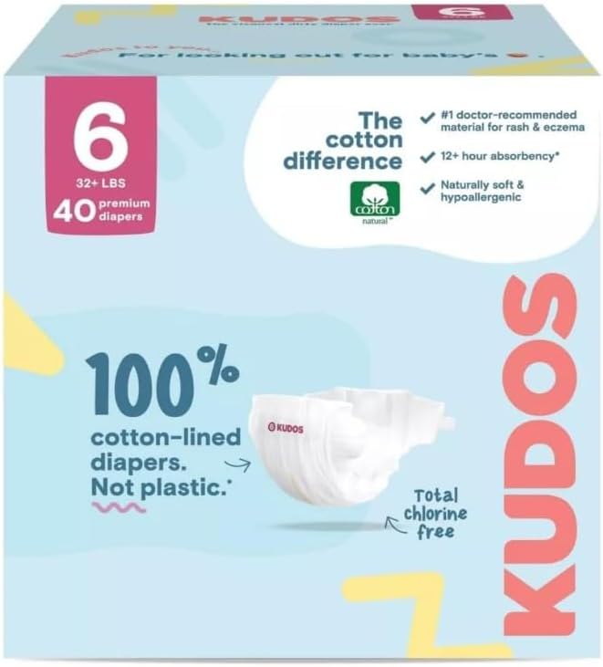 Kudos Chlorinee Free Premium Diapers, 100% Cotton-Lined, Size (6) 40 Count~ White