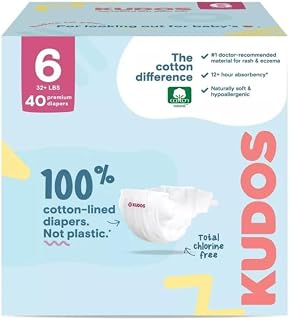 Kudos Chlorinee Free Premium Diapers, 100% Cotton-Lined, Size (6) 40 Count~ White