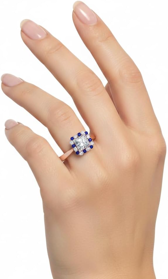 Choose Your Gemstone Floating Halo Diamond CZ Ring Rose Gold Plated Princess Shape Halo Engagement Rings Everyday Jewelry Wedding Jewelry Handmade Gifts for Wife US Size 4 to 12