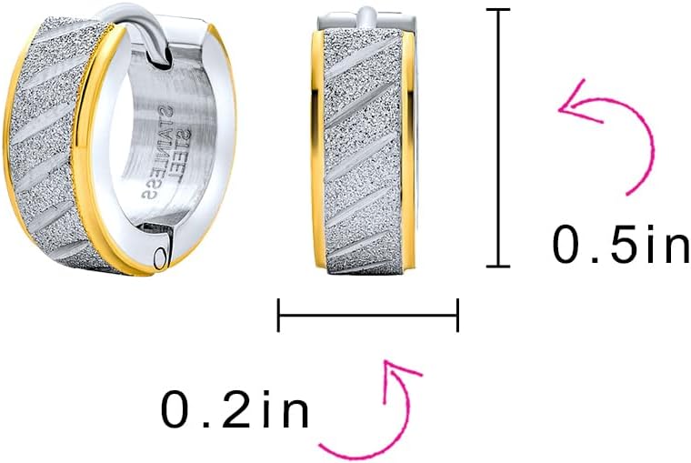 Set of Two Unisex Matte Carved Diagonal Slashes Wide Hoop Huggie Earrings For Men Women Two Tone Rose Yellow Gold Plated Edge Stainless Steel Stardust Finish