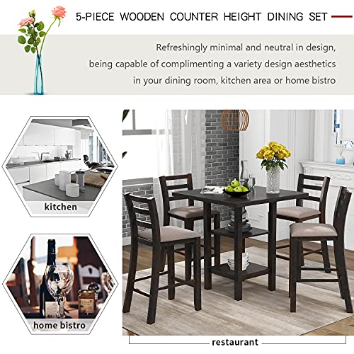 Siyahome Table & Chair 5-Piece Wooden Kitchen, Counter Height Set, Square Table With 2-Tier Storage Shelving And 4 Padded Chairs, Family Fasion Furniture For Dining Room (Espresso) #TOP2